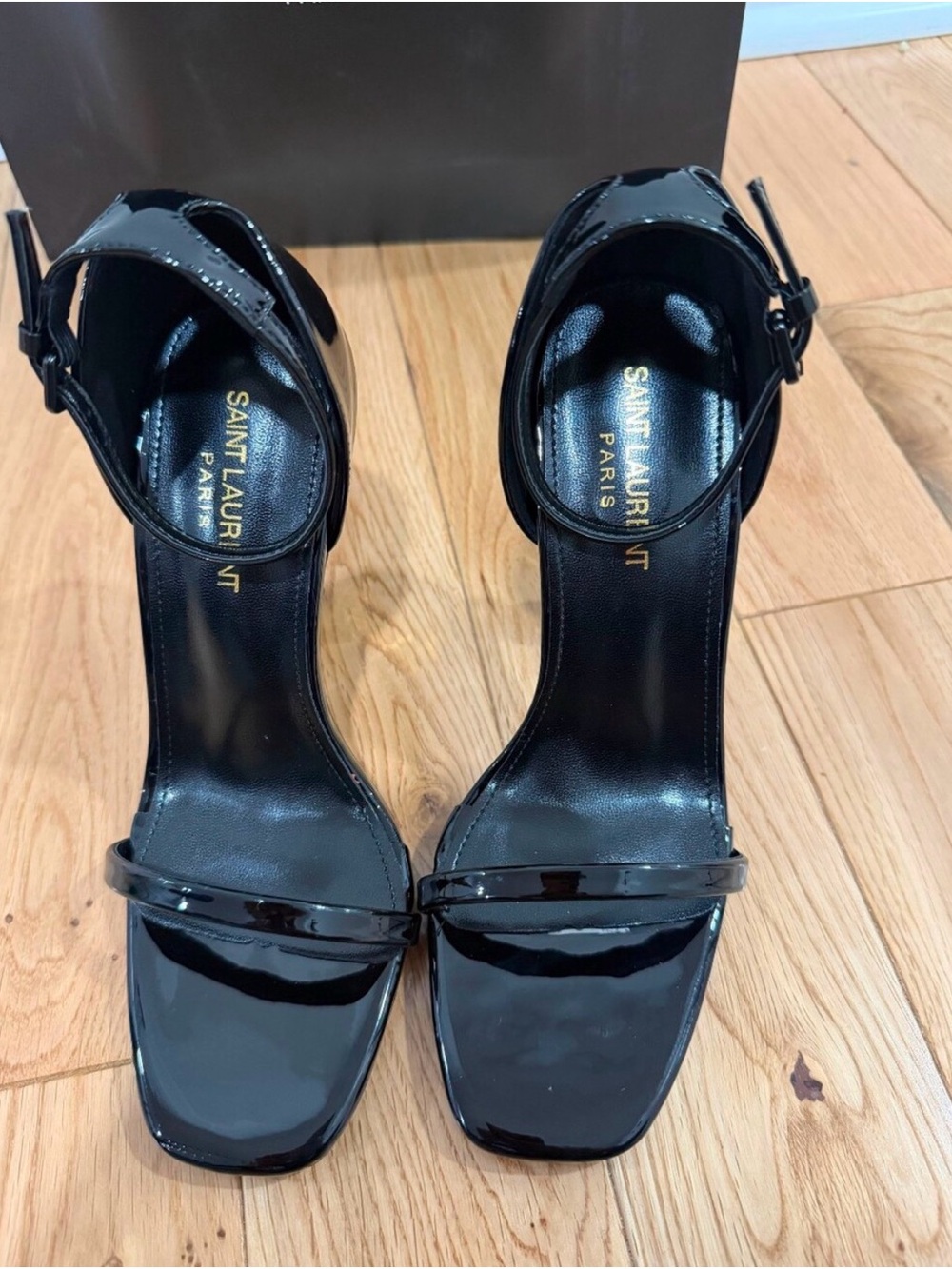 Saint Laurent Black Patent Sandal with Gold YSL Logo Heel - Picture 4 of 11